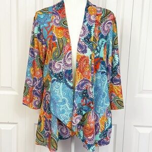Slinky Brand Colorful Paisley Kaleidoscope Print Cardigan Jacket Topper 1X
